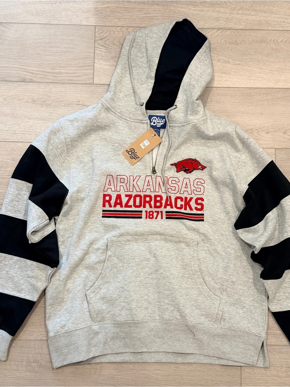 NWT Blue 84 Men's XL Arkansas Razorbacks Grey Striped Sleeve Hoodie
